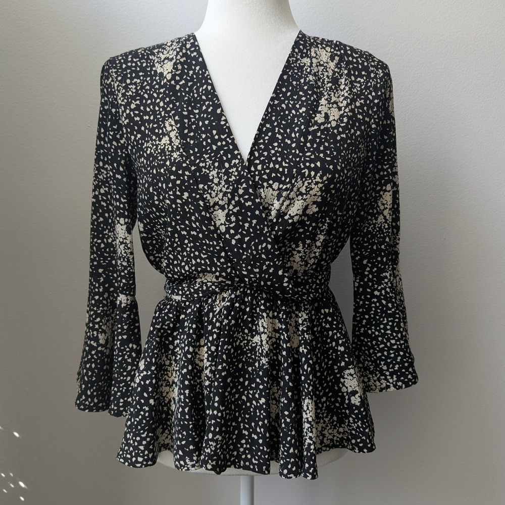 Peplum Top Black Speckled Wrap Tie Waist Bell Sleeve Sz S Witchy Whimsigoth